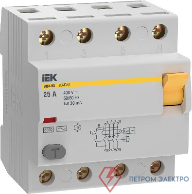 Выключатель дифференциального тока (УЗО) 4п 25А 30мА 6кА тип AC ВД3-63 KARAT IEK MDV20-4-025-030